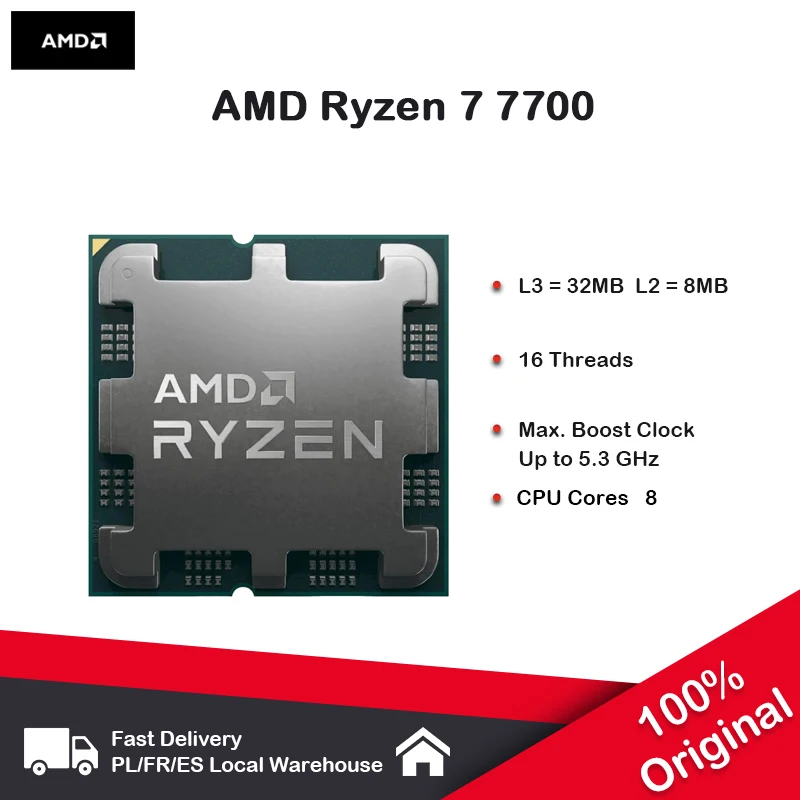 معالج AMD Ryzen 7 7700 بسرعة 5.3 جيجا هرتز، 8 النواة، 16 خيط، 40 ميجابايت، ذاكرة تخزين مؤقت للألعاب 5NM TDP 65 وات AM5، مقبس وحدة المعالجة المركزية للألعاب #1