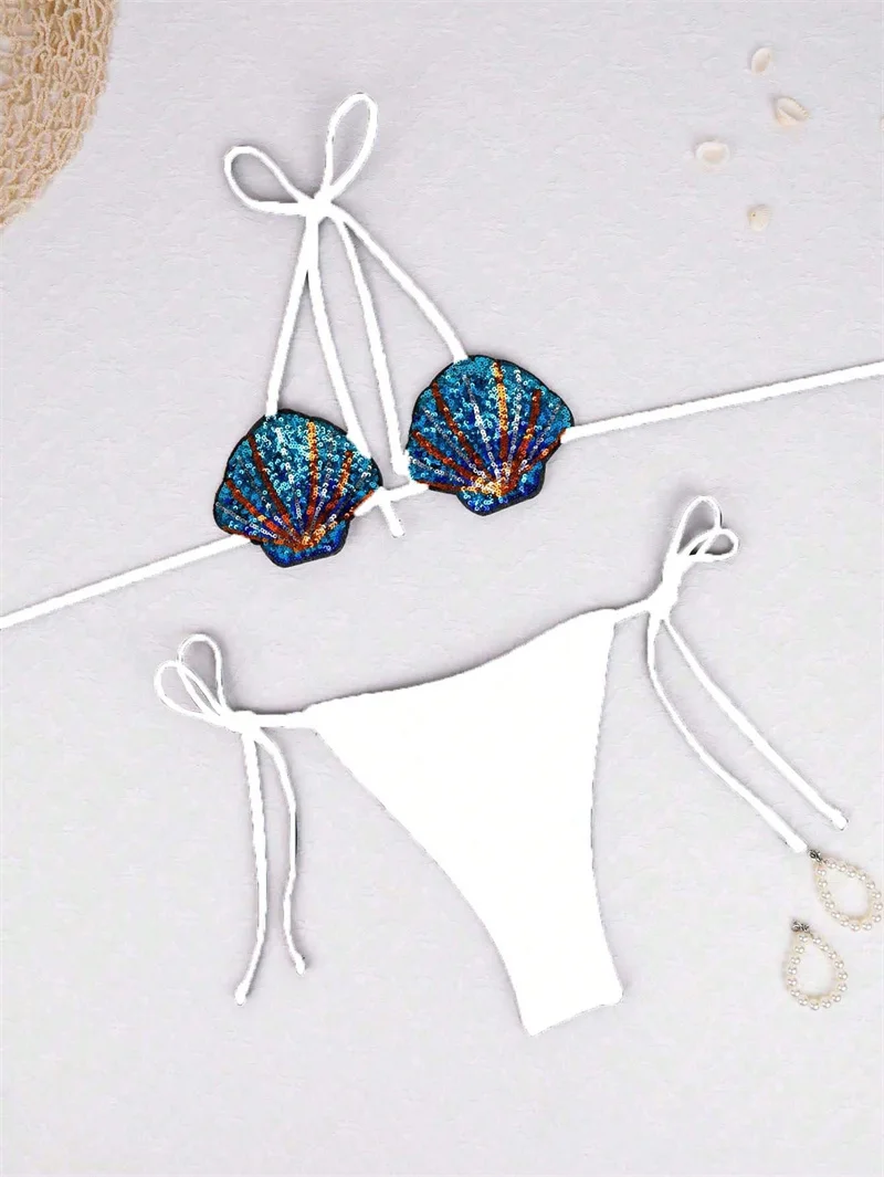 Sexy Backless Halter Bikini 2 Piece Set Woman Swimwear Swimsuit Women BathingSuit 2025 Shell Swimming Suit