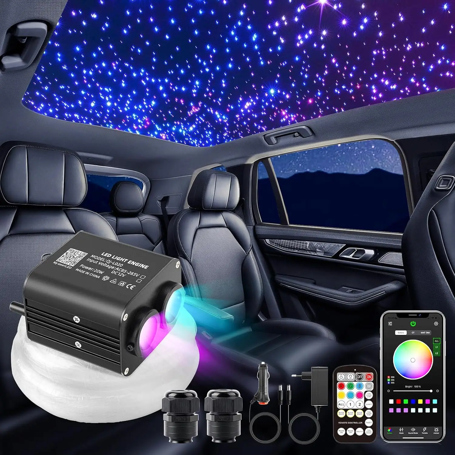 1000pcs 0.75mm Starlight Fiber Optic Kit 20W Twinkle RGBW LED Fibre Optic Light for Car Roof Home Ceiling