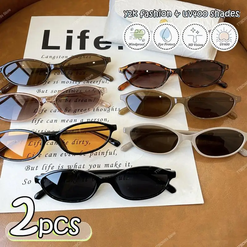 1/2Pcs Fashion Oval Sunglasses Retro Almond Shaped Y2K UV400 Shades Anti Ultraviolet Women Unisex Korean Hip Pop Punk Eyewear