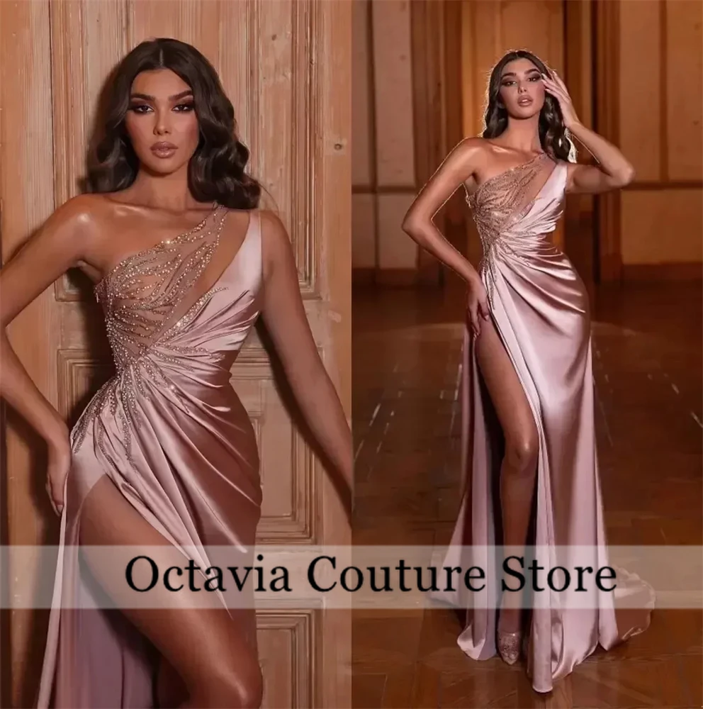 

Dusty Rose Satin Straight Evening Dress Women Luxury Sequined One Shoulder Formal Wedding Party Prom Gowns Pleat Customized