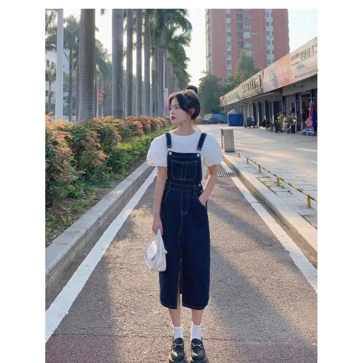 

Blue Denim Overalls Women's Loose Spring Fashion Age-Defying Wide Leg Pants Straight Cut Summer Trendy High Waist Cargo Trousers