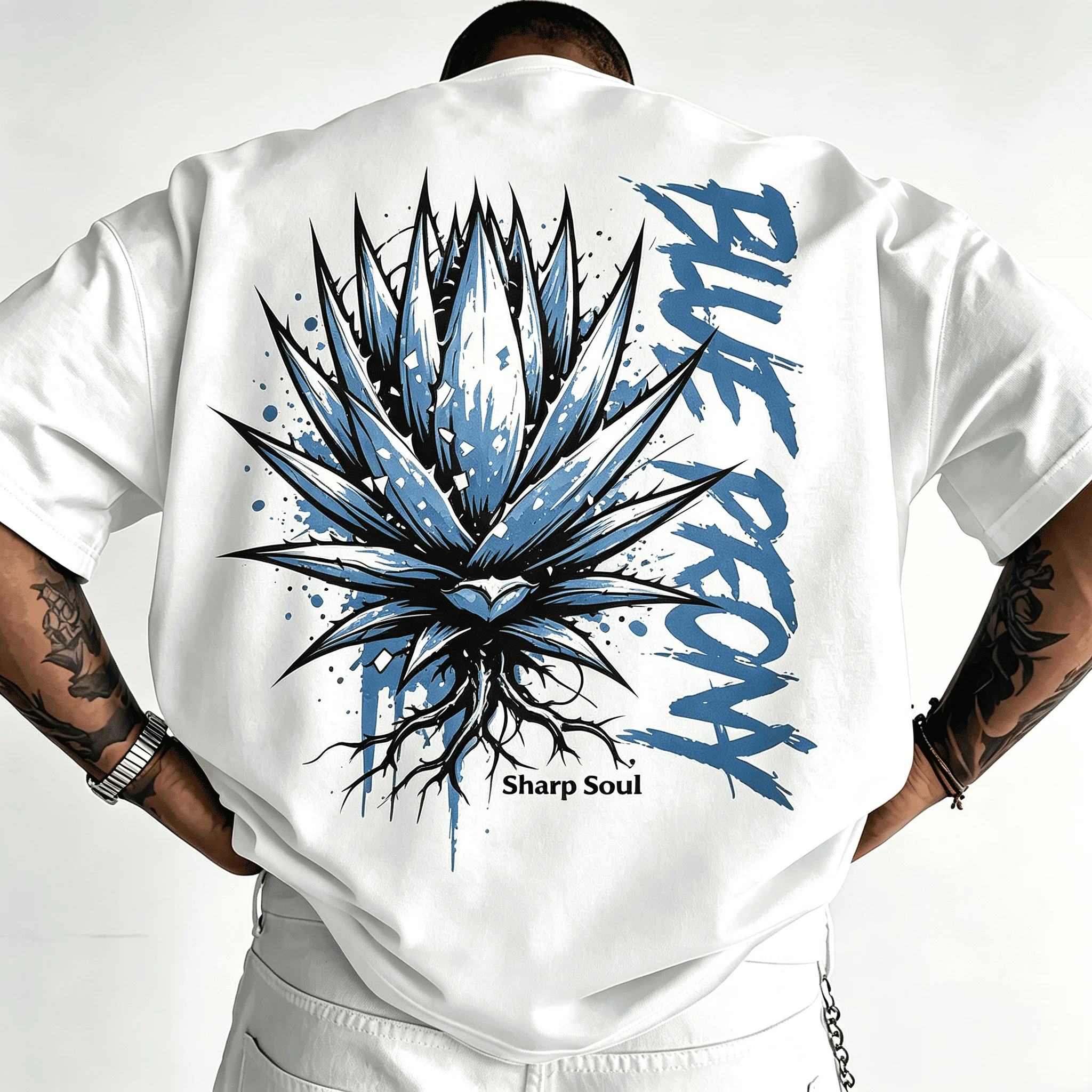 Unisex Oversized White T-Shirt Blue Agave Plant Root Graphic Back Print Dark Gothic Streetwear Short Sleeve Tee For Men Women