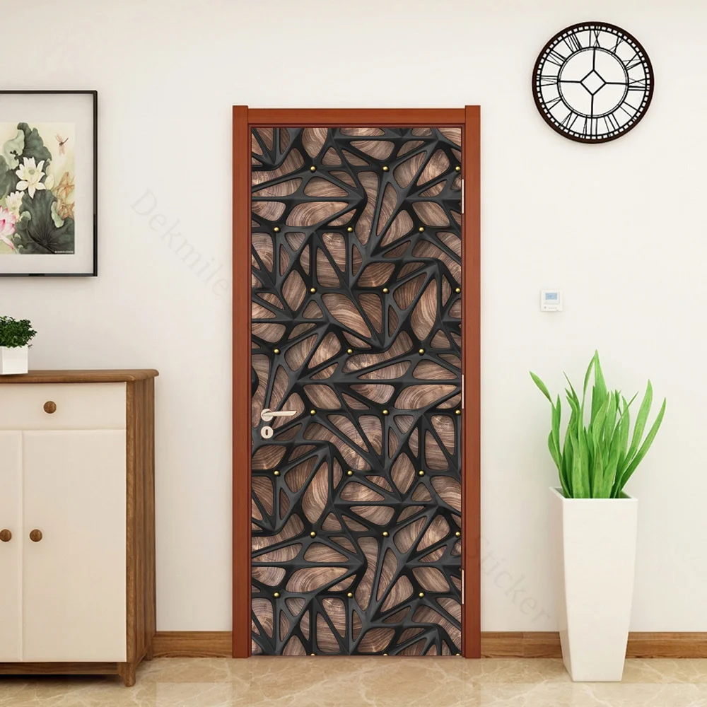 Black Lines On Wood Grain Background DIY Door Decorative Paintings Bedroom Porch Door Art Mural Peel & Stick Print PVC Wallpaper