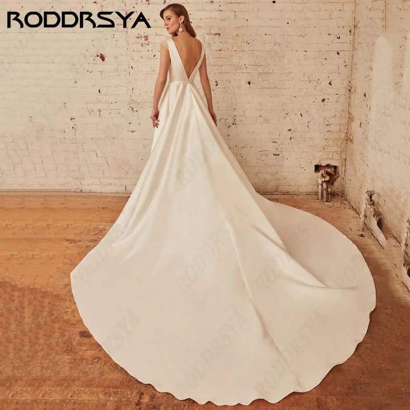 RODDRSYA-vestidos de novia con cuello en V profundo, línea A, encaje, manga casquillo, vestido de novia sin espalda, sin mangas, satén Vintage, fiesta nupcial, 2024 vestidos de novia con cuello en V profundo, línea A,