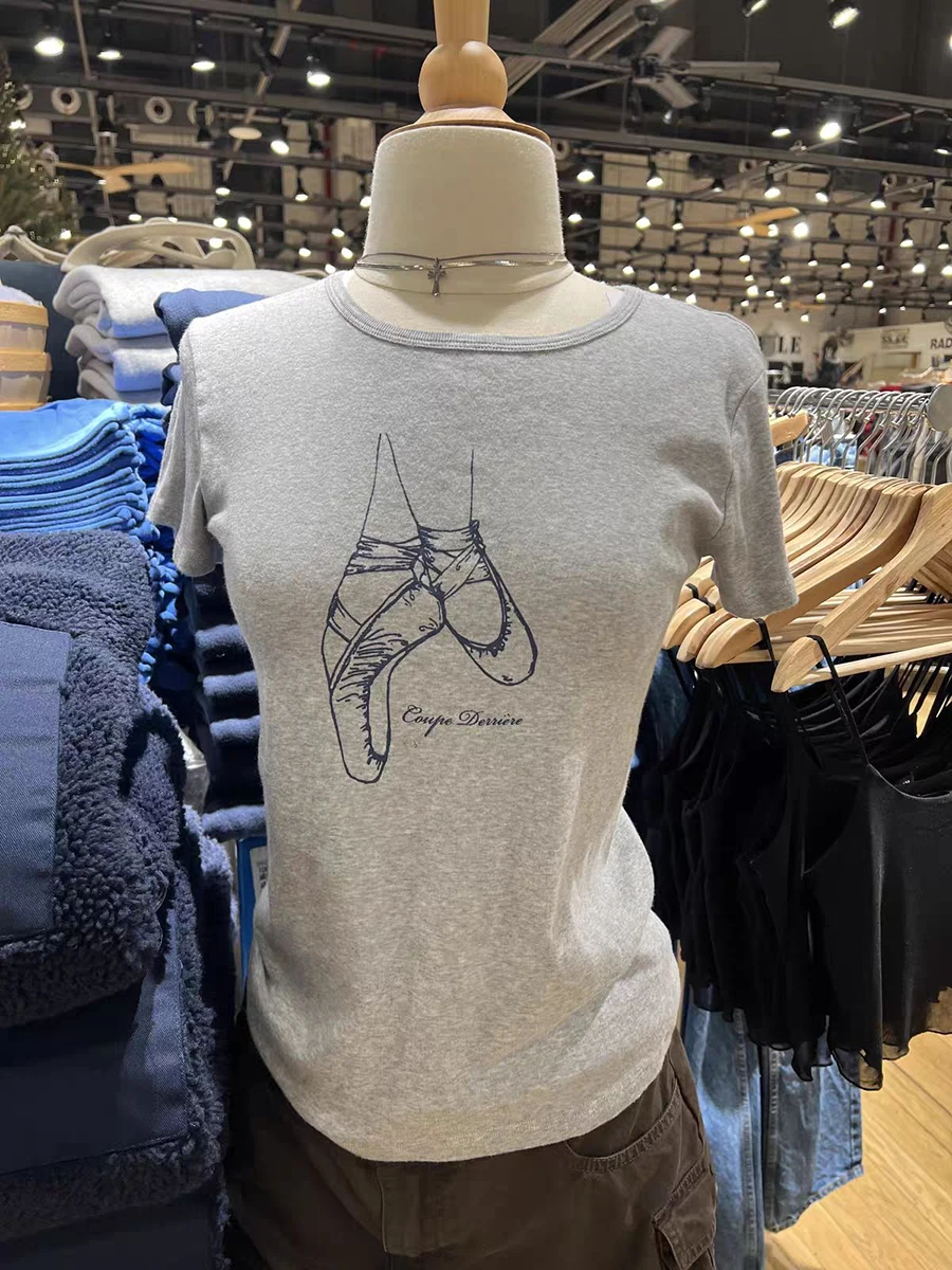 

Футболка с принтом балетных туфель, женская весенняя хлопковая футболка с круглым вырезом, тонкая футболка с короткими рукавами, милые футболки в стиле преппи, Y2k