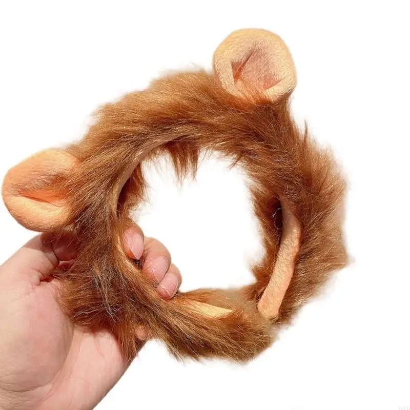 X9FD Cartoon Lion Headband Animal Plush Hairband Women Face Washing Hairhoop Adult Kids Family Gathering Party Headwear
