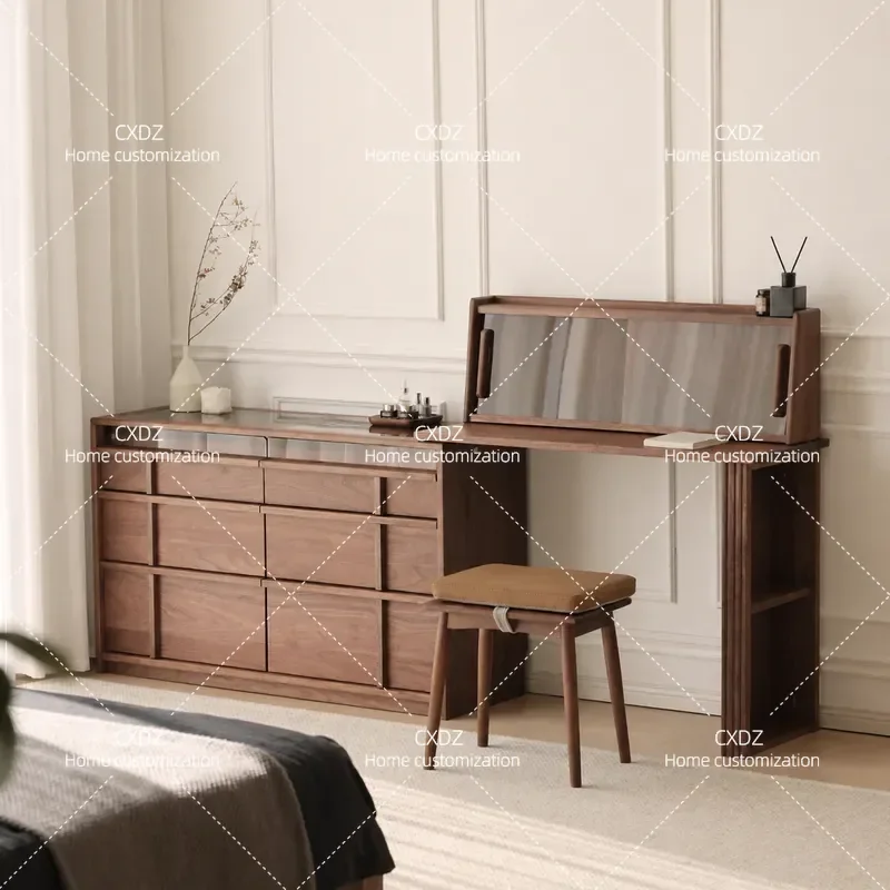 North American Black Walnut Bedroom Chest Integrated Dresser Pure Solid Wood Master Bedroom Minimalist Bone Line Makeup Table