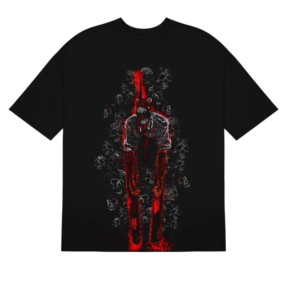 Motosserra Homem Denji Cercado por Crânios T-shirt gráfica, Horror Intenso Anime Design