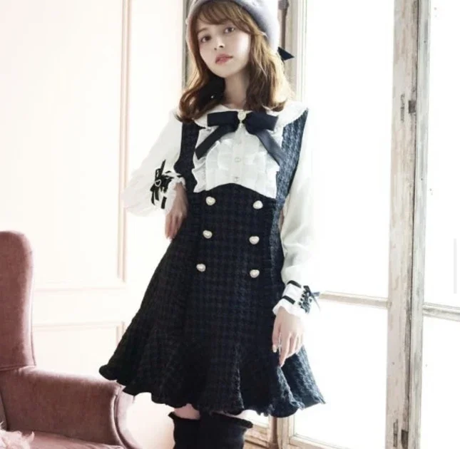 Liz Japanese Mine Mass-Produced Sweet Girl Double-breasted Dress Classic Style Bow Grid Slim Long Sleeve Tweed Dress for Women