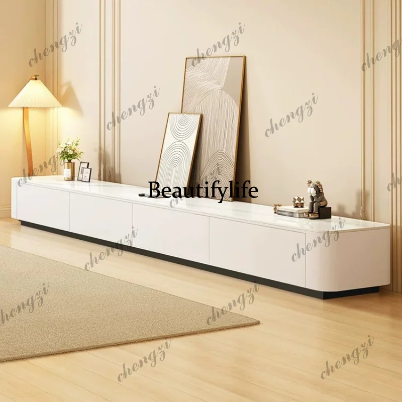 A68 Cream Style Glossy TV Stand Modern Crystal Stone Top Low Console White Living Room Cabinet for Small Apartment furniture