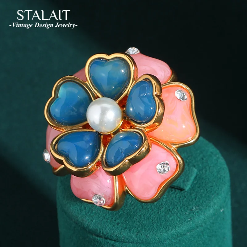

Luxury Fashion Jewelry Pink Stone Flower Ring Decoration Acrylic Natural Antique Vintage Woman Wedding Designer Accessories 2025