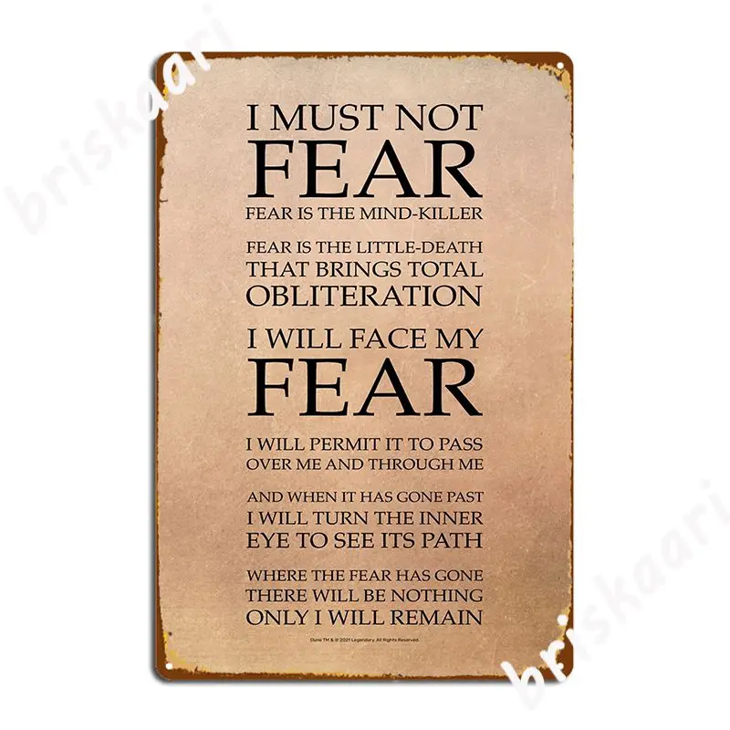 

Fear Is The Mind Killer Dune Litany Poster Metal Plaque Funny Wall Decor Cave Pub Wall Mural Tin Sign Poster