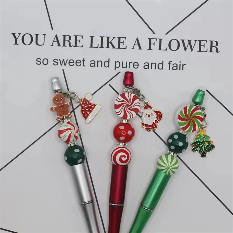 6/12Pieces Christmas Santa Claus Elk Snowman Gifts Box Theme Diy Beaded Ballpoint Pen&wood Bead Set Office Study Supply