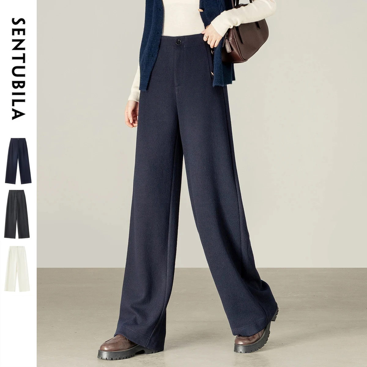 SENTUBILA Women's Pants Autumn High Elastic Waist Drawstring Pocket Loose Straight Trousers Casual Collection Female 153K87952