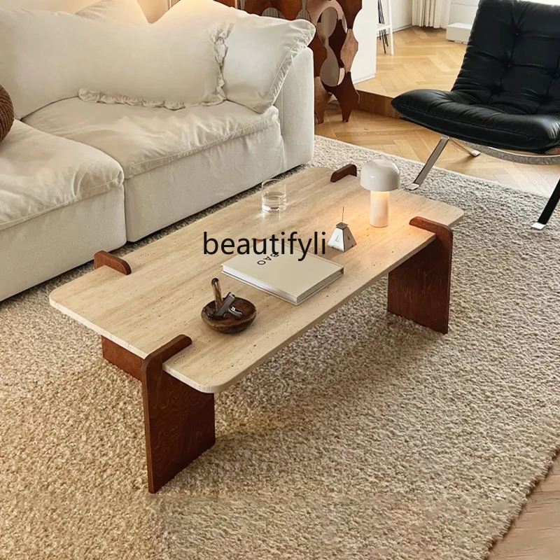 Natural travertine coffee table cream wind corner table French retro solid wood living room square luxury stone small apartment