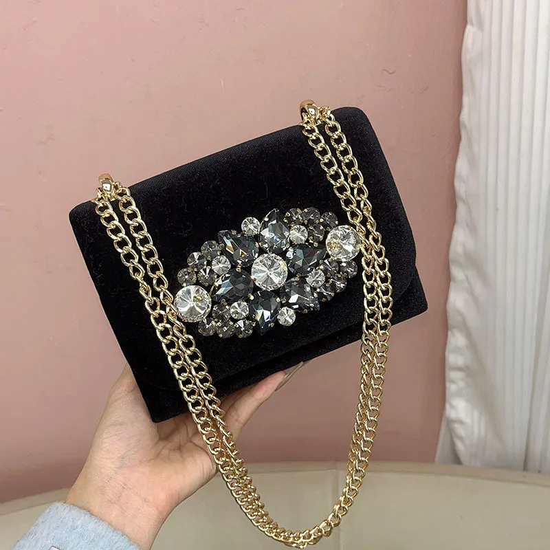 

High Quality Luxury Velvet Handbag Glitter Rhinestones Diamond Evening Bag Clutch Purse For Wedding Party Shoulder Crossbody Bag