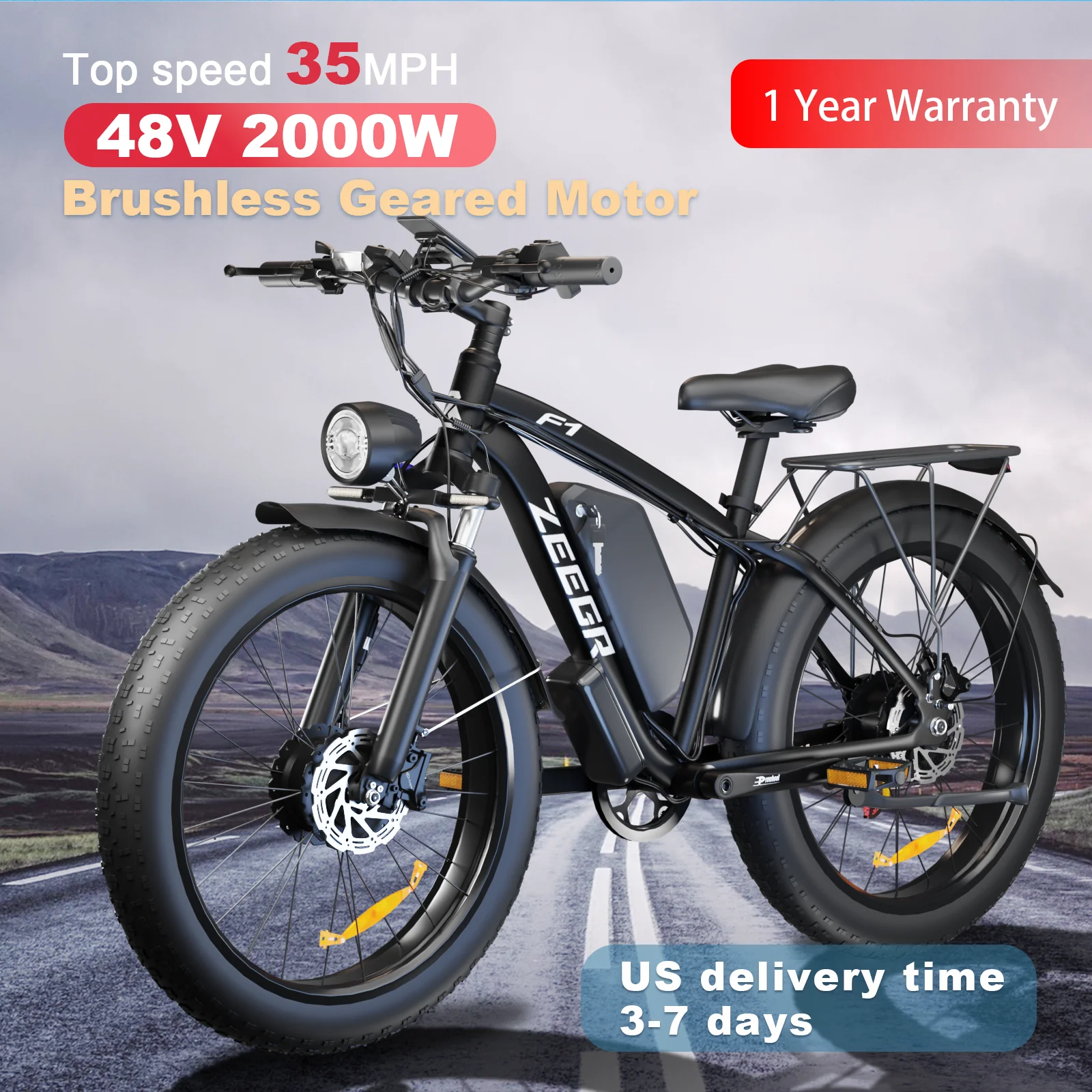 

ZEEGR F1 Dual Motor E-Bike (48V 2000W) | 26" Fat Tires, Front Suspension | CE Certified Snow/Beach Use