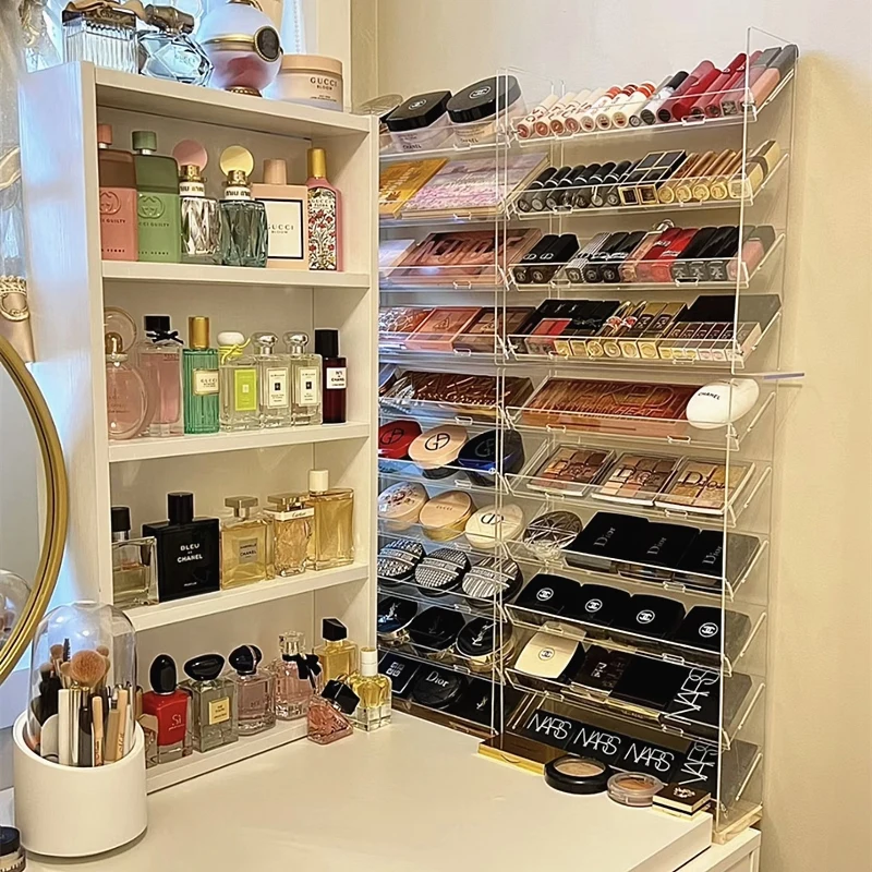 

Clear Acrylic Makeup Organizer - 3-Tier Cosmetic Storage Box for Eyeshadow, Lipstick, Powder with Mirror Vanity Tray