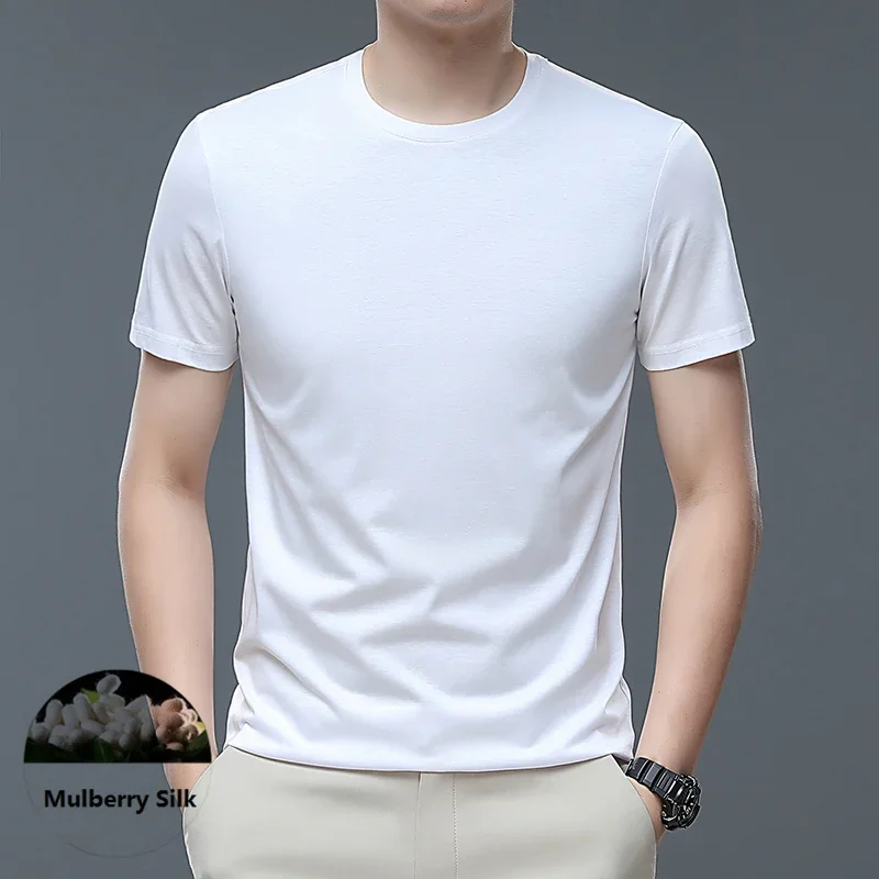 Men\'s Mulberry Silk Tees Summer 2023 Casual Plain V-Neck Smooth Tops Shor Sleeve Male Silk Cotton Tee Shirts