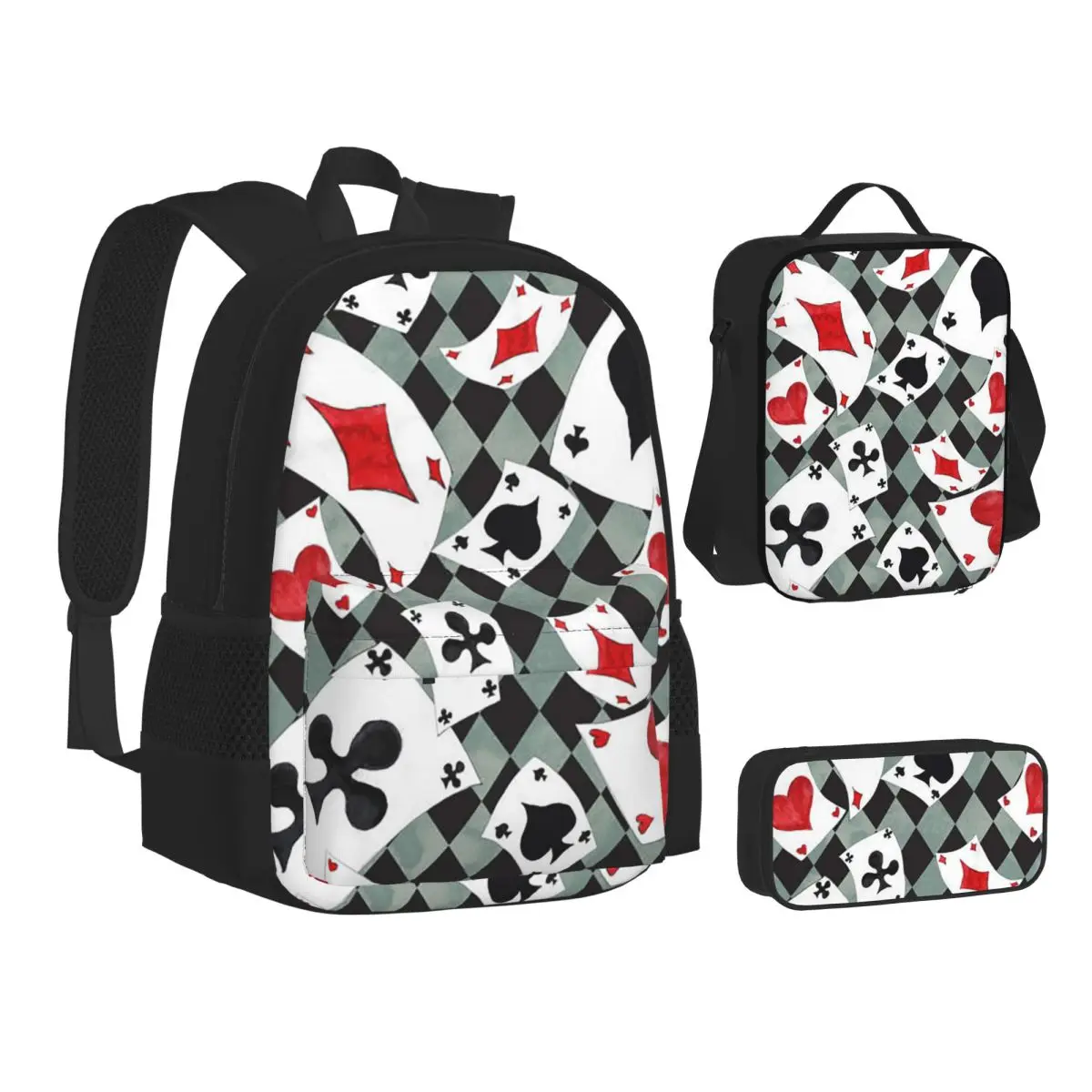 Cool Poker Playing Cards Gambling Card Game Backpacks  Bookbag School Bags Kids Rucksack Lunch Bag Pen Bag Three-Piece Set