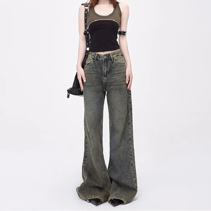 FINEWORDS Vintage Washed Wide Leg Jeans Women Korean Casual High Waist Baggy Jeans Streetwear Full Length Harajuku y2k Jeans