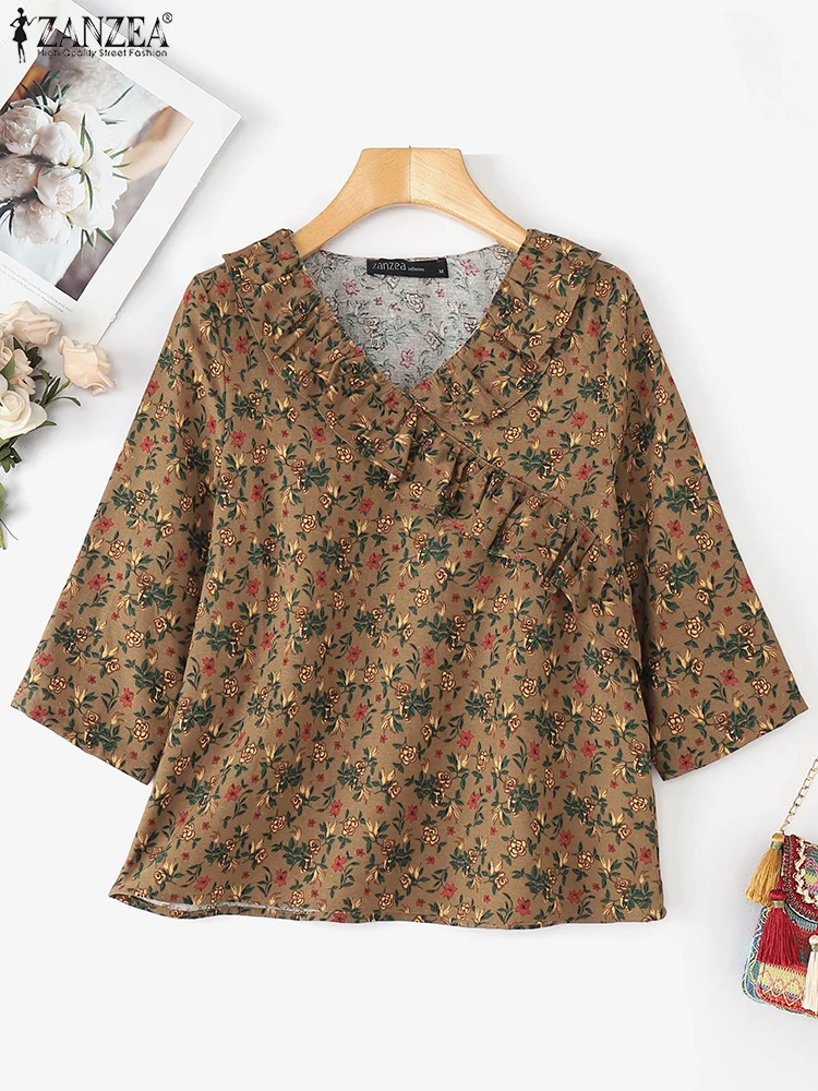 

ZANZEA Plus Size Blouse Women Cotton Autumn Floral Print Shirts 2025 Fashion V-Neck Casual Ruffled Holiday Tops Vintage Blusas