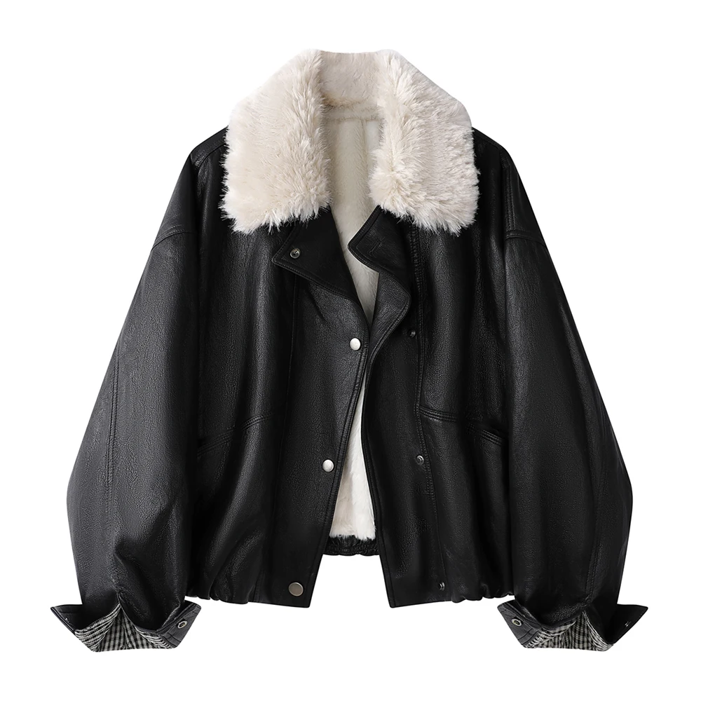 Giacca da donna foderata in pelliccia sintetica da donna Cappotto invernale oversize in PU Caldo colletto in peluche spesso Capispalla Streetwear Stile Moto