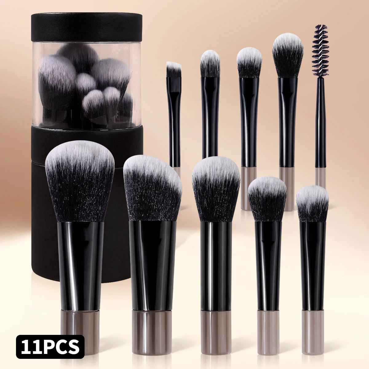 11PCS Complete Makeup Brush Set,Multi-Shape Face&Eye Brushes With Portable Storage Cup For Travel & Vanity