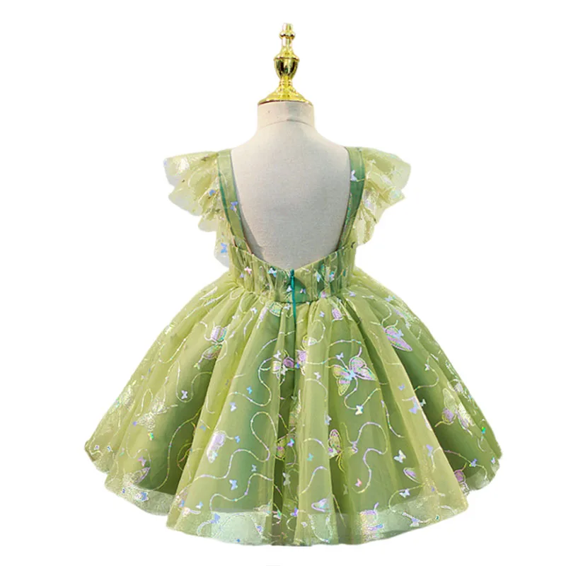 Elegant Green Tulle Princess Dress for Kids Sequin Butterfly Birthday Party Dress for 2-14Yr Girls Xmas Pageant Performance Gown