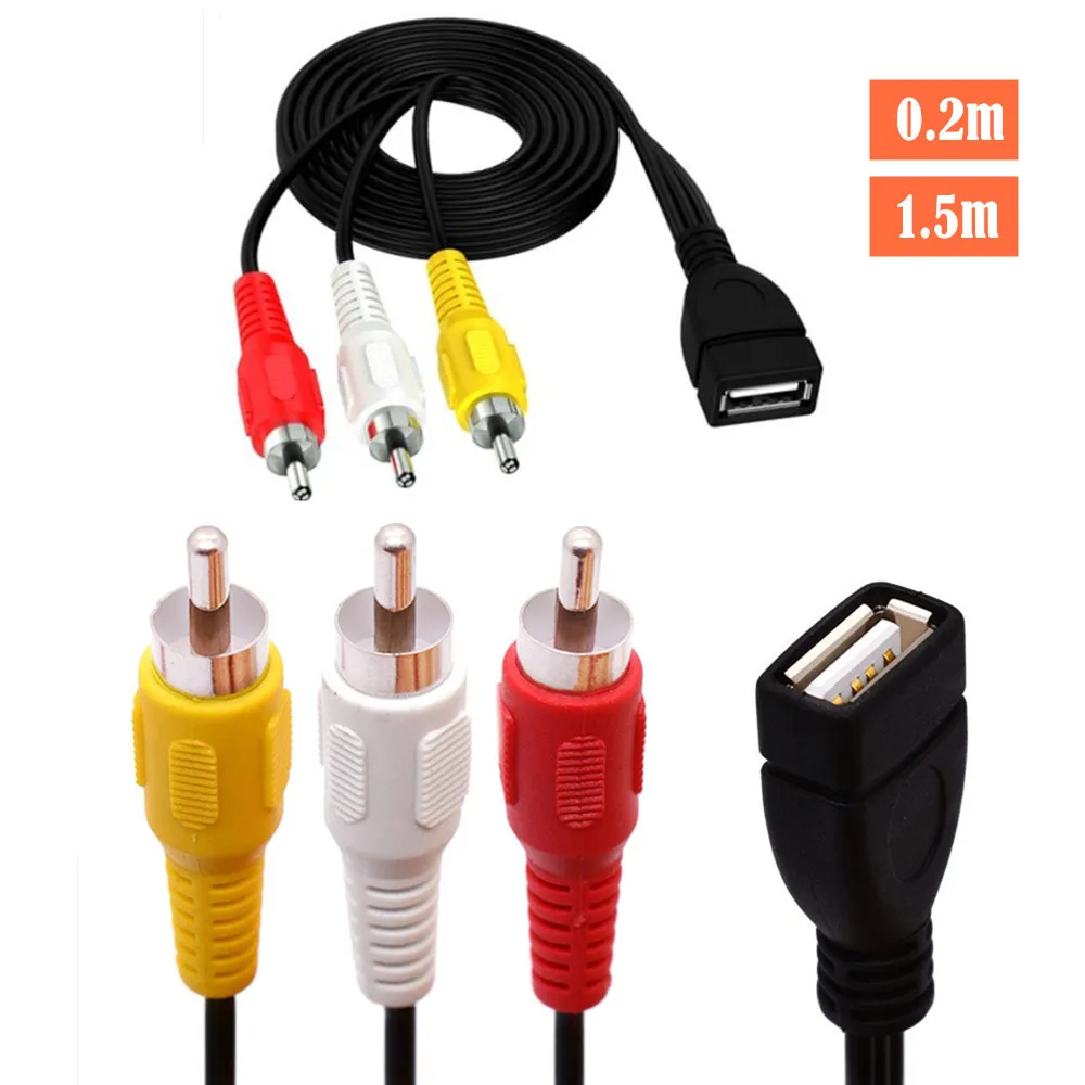 1.5m USB A Female to 3 RCA Phono AV Cable Lead PC TV Aux Audio Video adapter 150cm 5ft 20CM