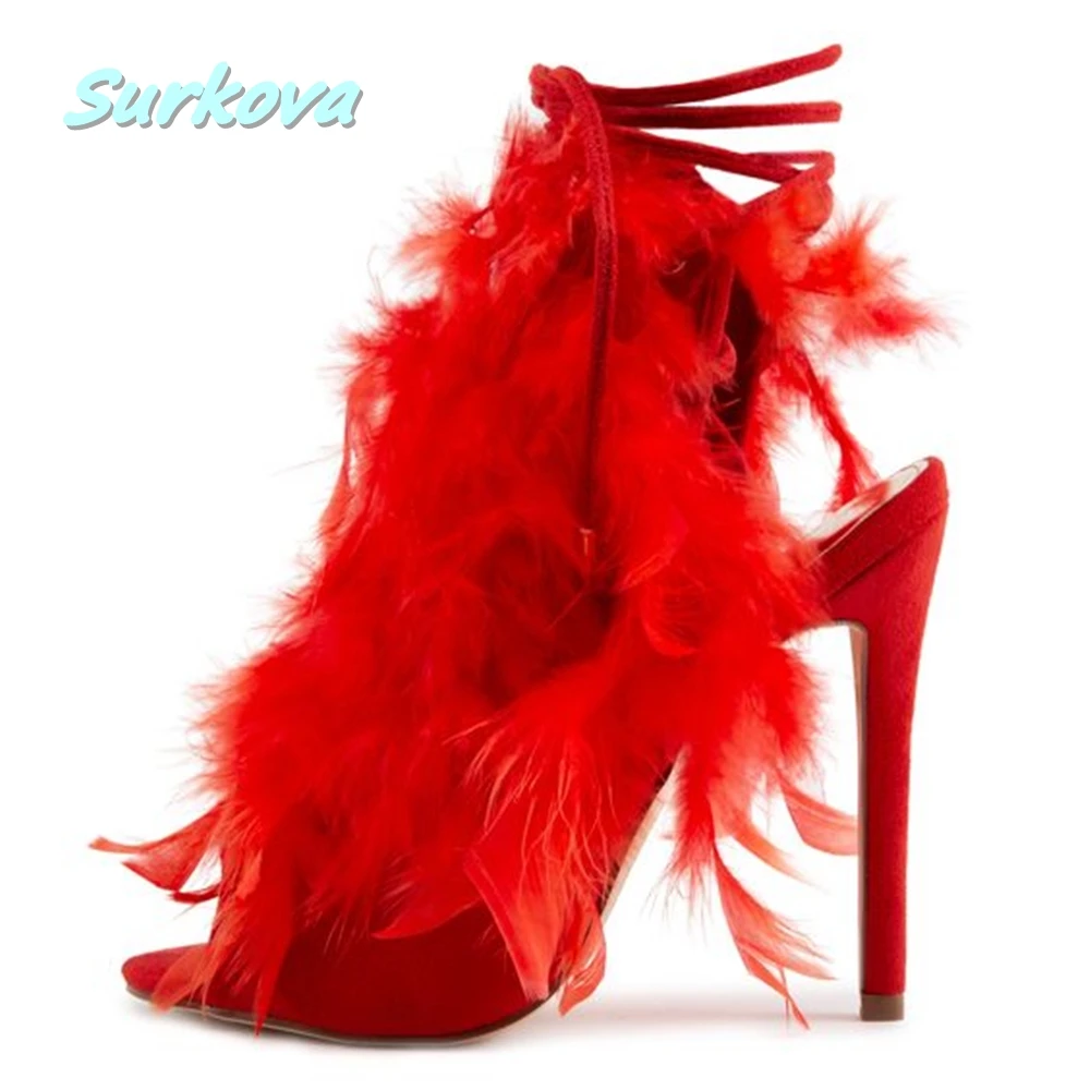 Red Feather Stiletto Sandals Round Toe Thin High Heel Cross Straps 2024 Summer Fashion Solid Women\'s Shoes Party Dress