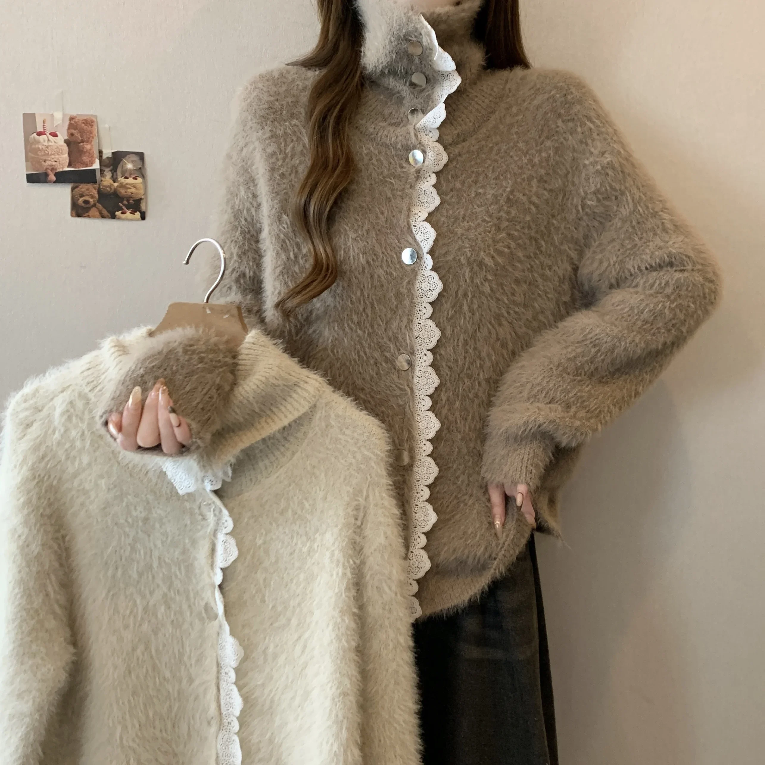 2024 Autumn/winter High-end Advanced Temperature Plus Size Women's Long-sleeved Imitation Mink Velvet Splicing Lace Sweater Tops