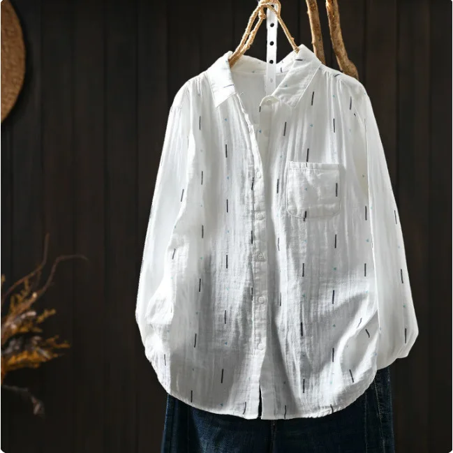 Women Autumn New Japan Style Cartoon Printed Cotton Yarn Shirts Vintage Turn Down Collar Long Sleeve Casual Loose Blouse Tops 5