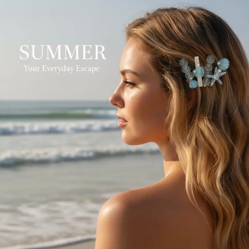 5-teiliges Set Muschel-Seestern-Haarspangen, Meerjungfrauen-Haarnadeln, Sommer-Strand-Haaraccessoires für Mädchen – Detail 9