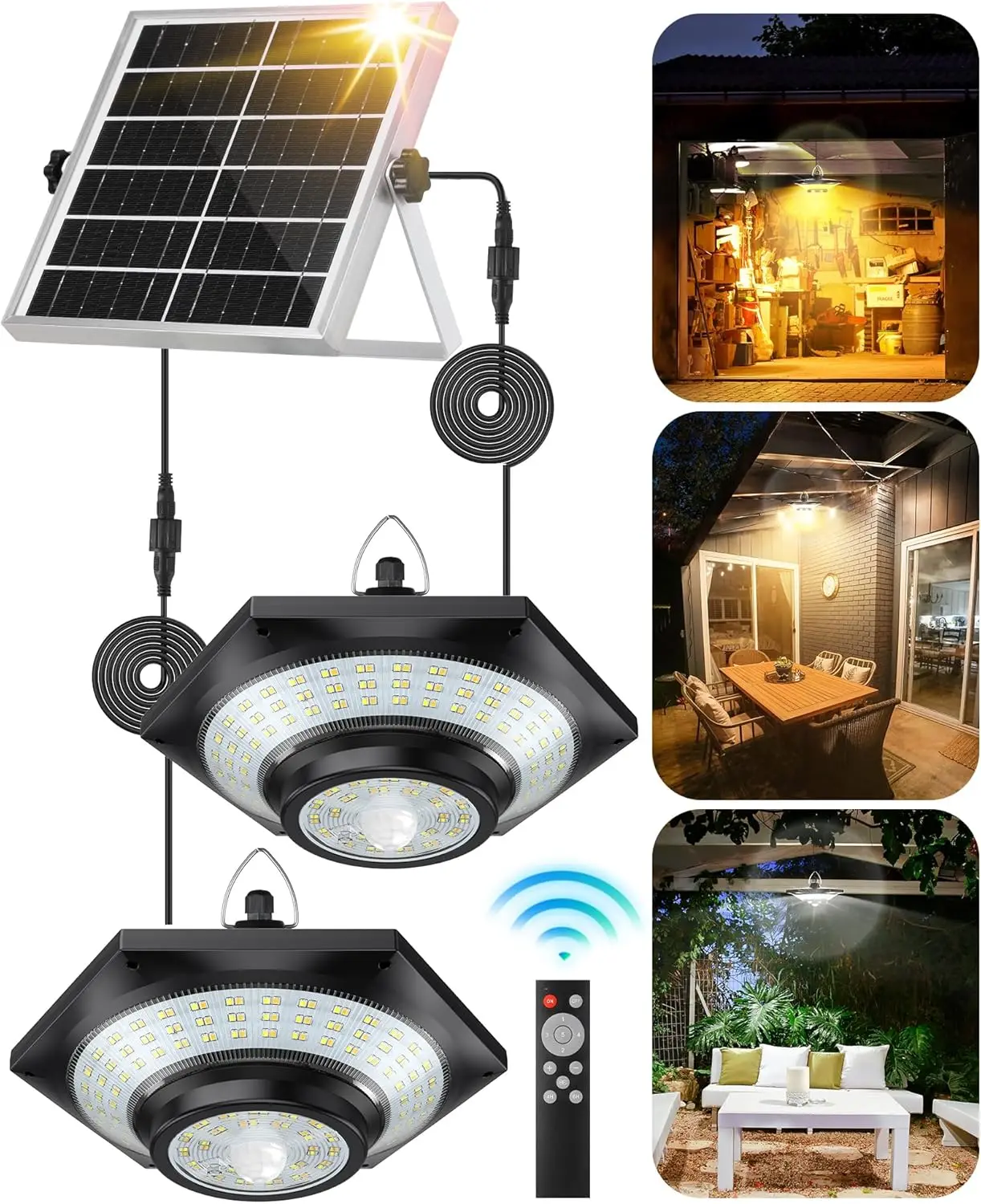 

Solar Lights Indoor Outdoor, 4000LM Dimmable, 5 Modes, Motion Sensor, IP65 Waterproof, Remote Control, Double-Head for Yard, Pat