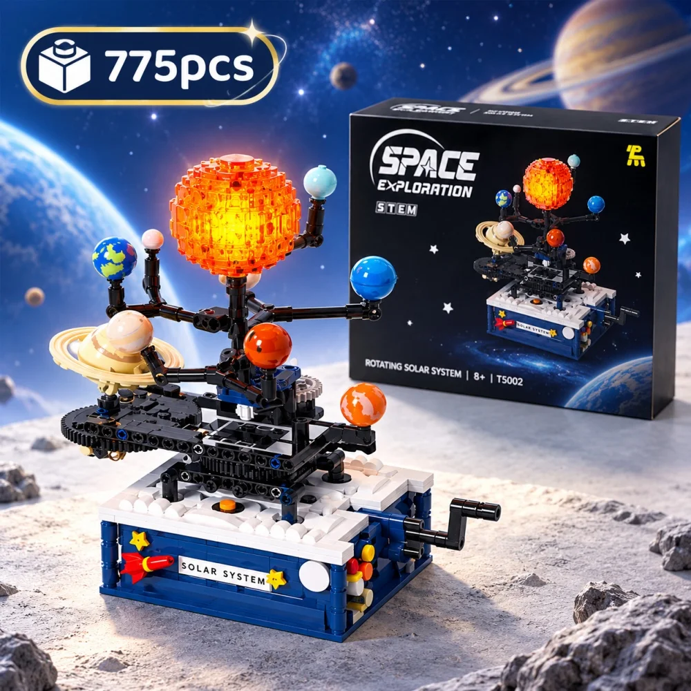 Rotating Solar System Globe Blocks, Gear Linkage Cosmic Space Exploration Model Toy, Science Educational Holiday Gift