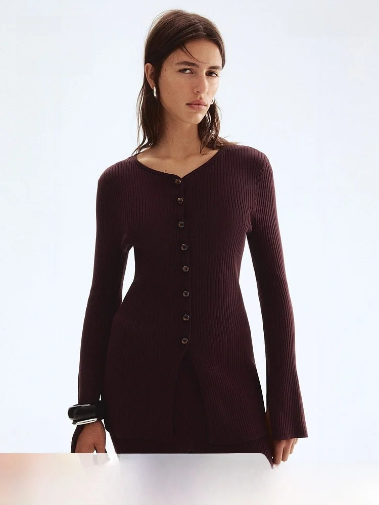 

Женский вязаный кардиган H&M: весенний, простой, приталенный, с рукавами-русалкой, в рубчик, мягкий, средней толщины, удлиненный