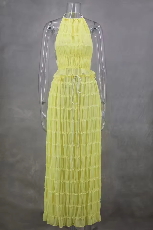 

Lace Neck Strap Long Skirt Set 2-piece Women's Sexy Backless Folded Vest Long Skirt Set Loose Vacation Women's Skirt Set