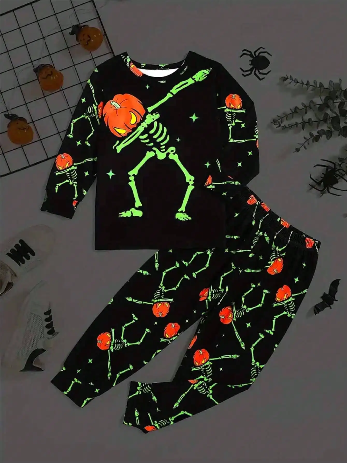 Children's Halloween Set Round Neck Long Sleeve Pumpkin Skull Pattern Printed Top+Elastic Waist Printed Pants Set