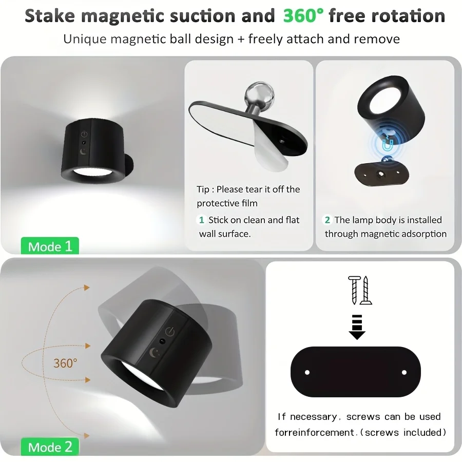 Modern Magnetic LED Wall Lamp Rechargeable 360° Rotation Wireless Remote Control Spotlight For Bedroom Living room decoration