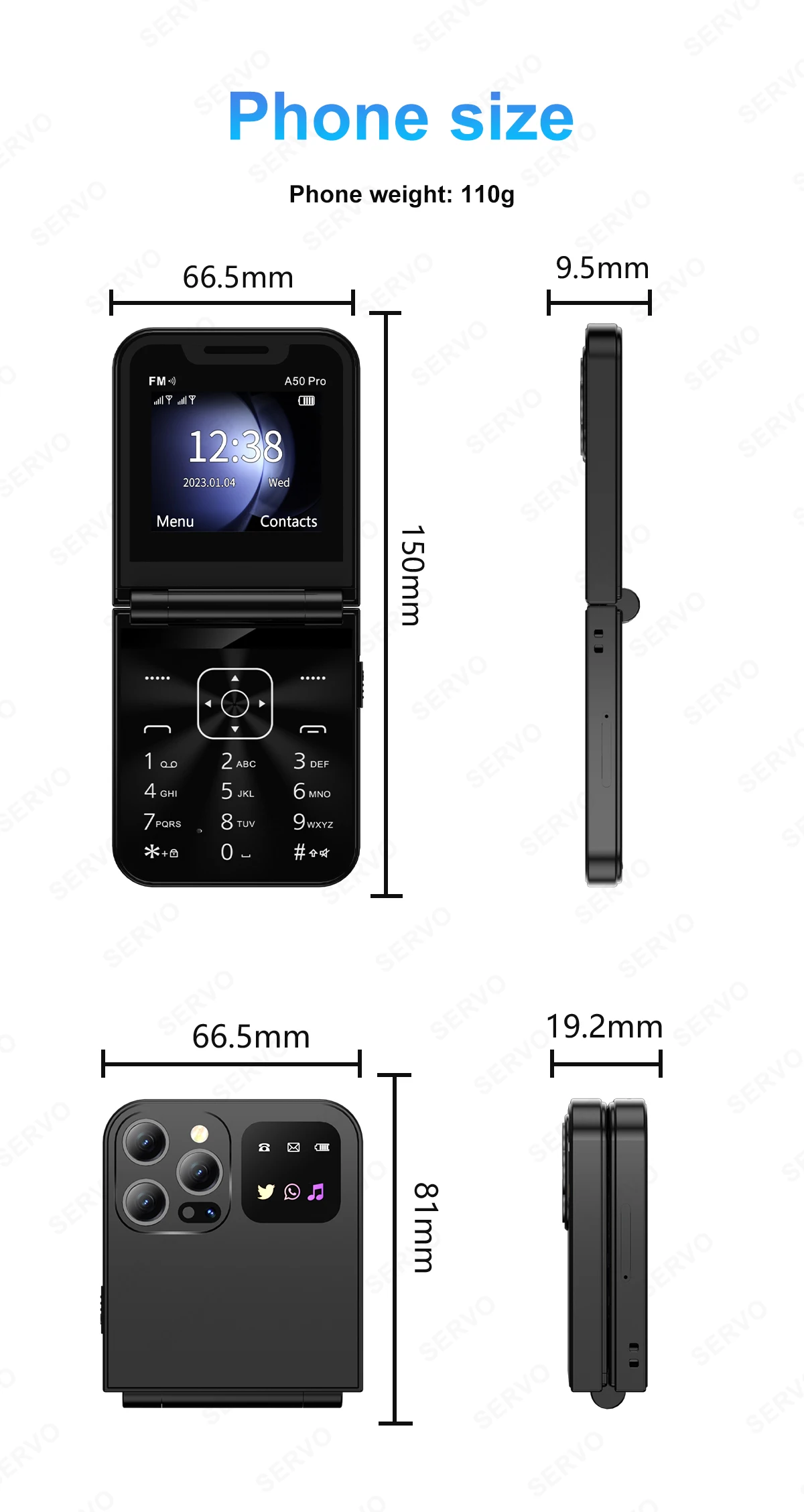 SERVO A50 PRO Foldable Mobile Phone Dual SIM Standby Call Recording Speed Dial Blacklist FM Radio 2G GSM Button Flip Cellphones
