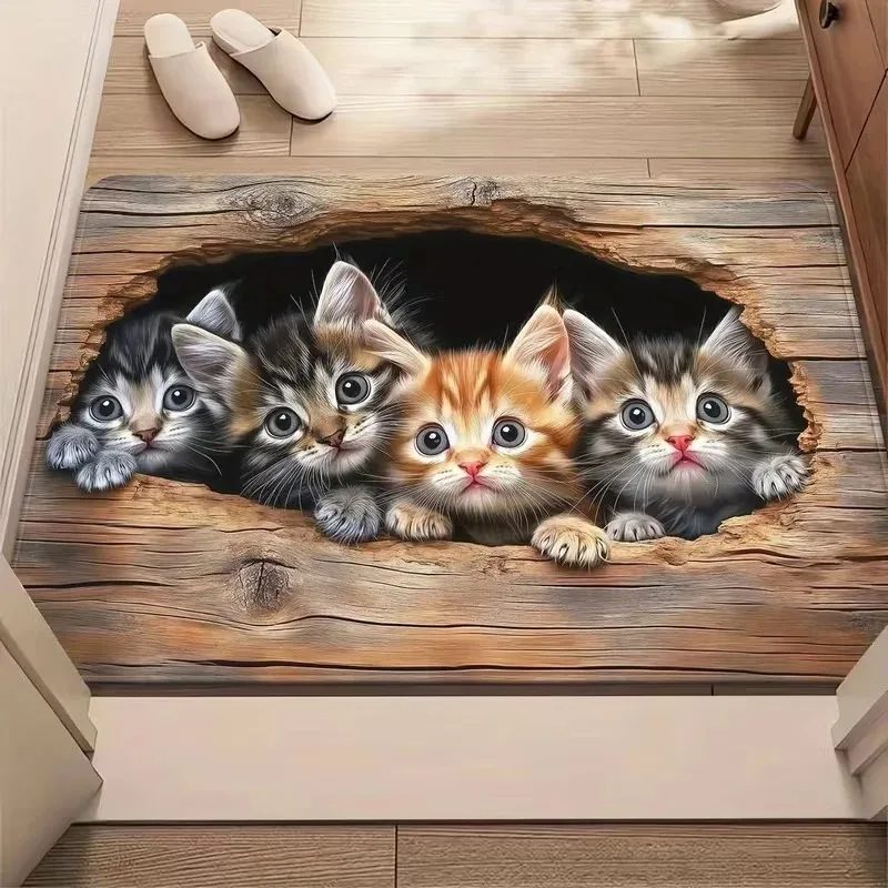 Kitten Wooden Crack Doormat Cute Cat Animal Print Soft Floor Rug for Front Door Entrance Indoor Home Pet Theme Art Decor