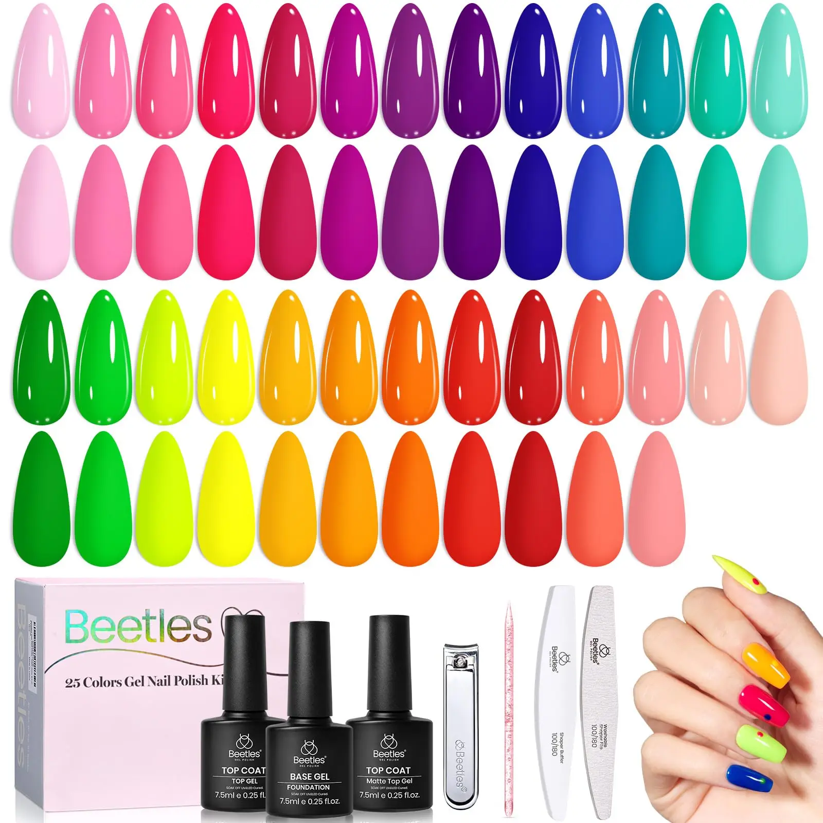 Beetles Summer Neon Gel Polish Set, 25 Colors Green Blue Purple, Base Glossy Matte Top Coat