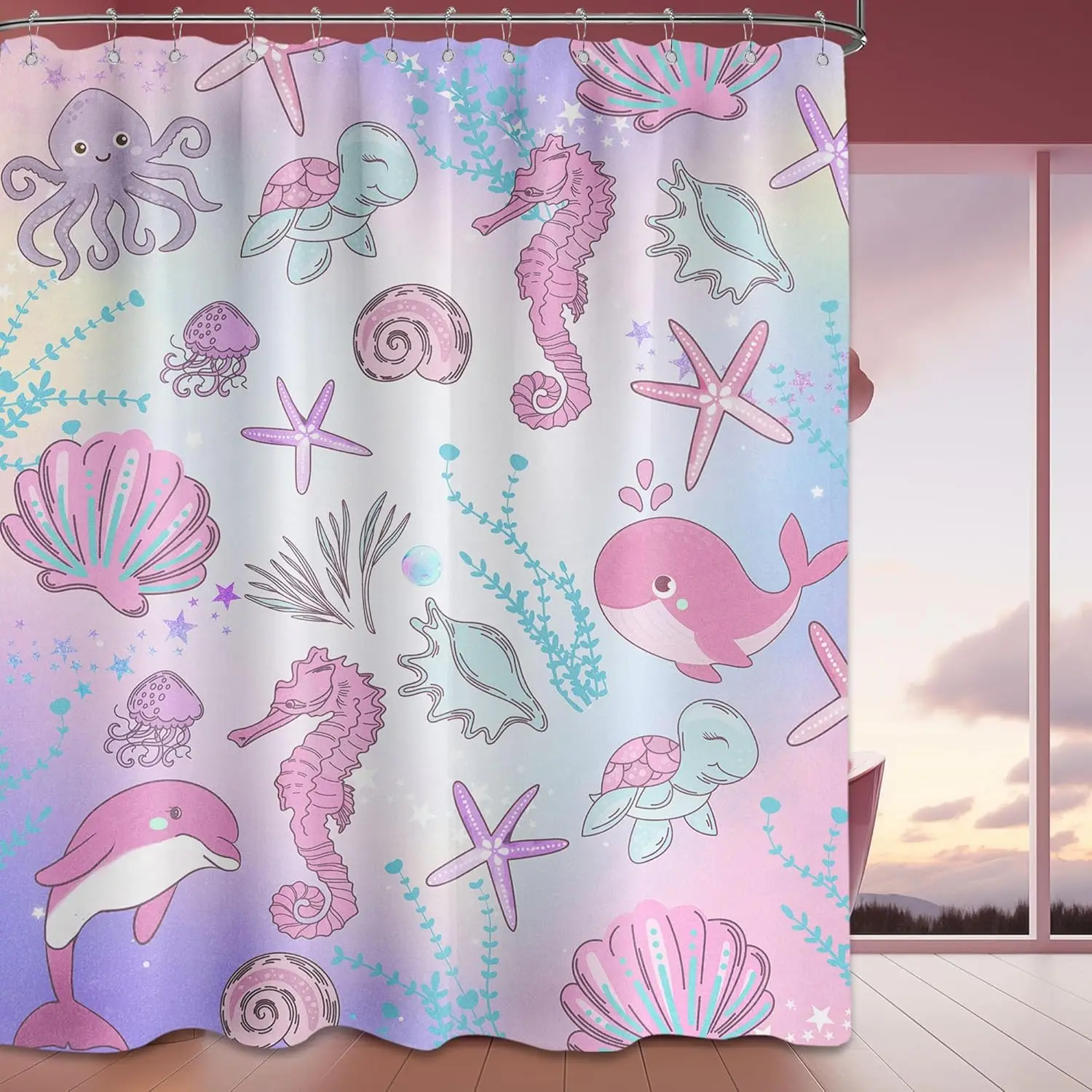 

Розовая занавеска для душа для девочек, милые девчачьи красочные пастельные светло-фиолетовые детские занавески для душа с океаном для декора ванной комнаты, водонепроницаемые