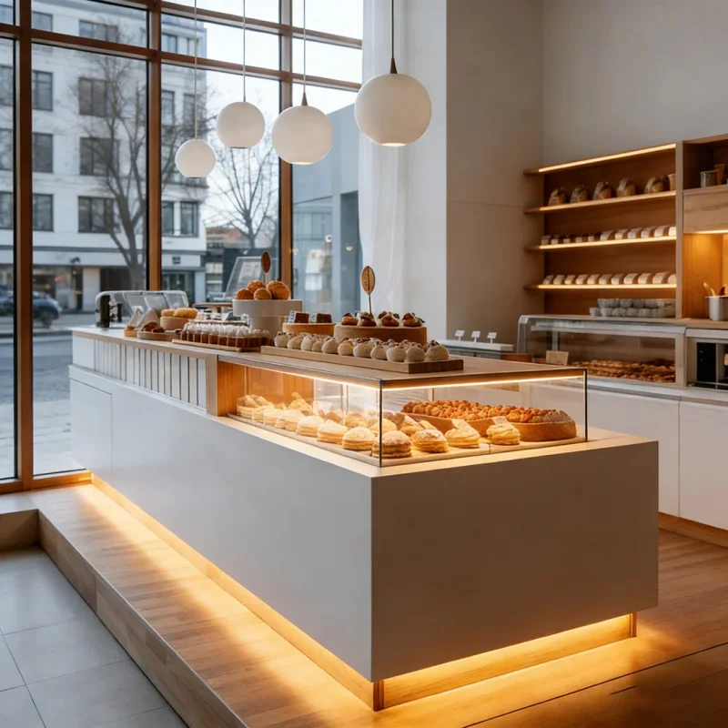 custom.Minimal & Natural: Bakery-Café Displays in White Matte Lacquer, Light Wood Counters & Glass Cloches