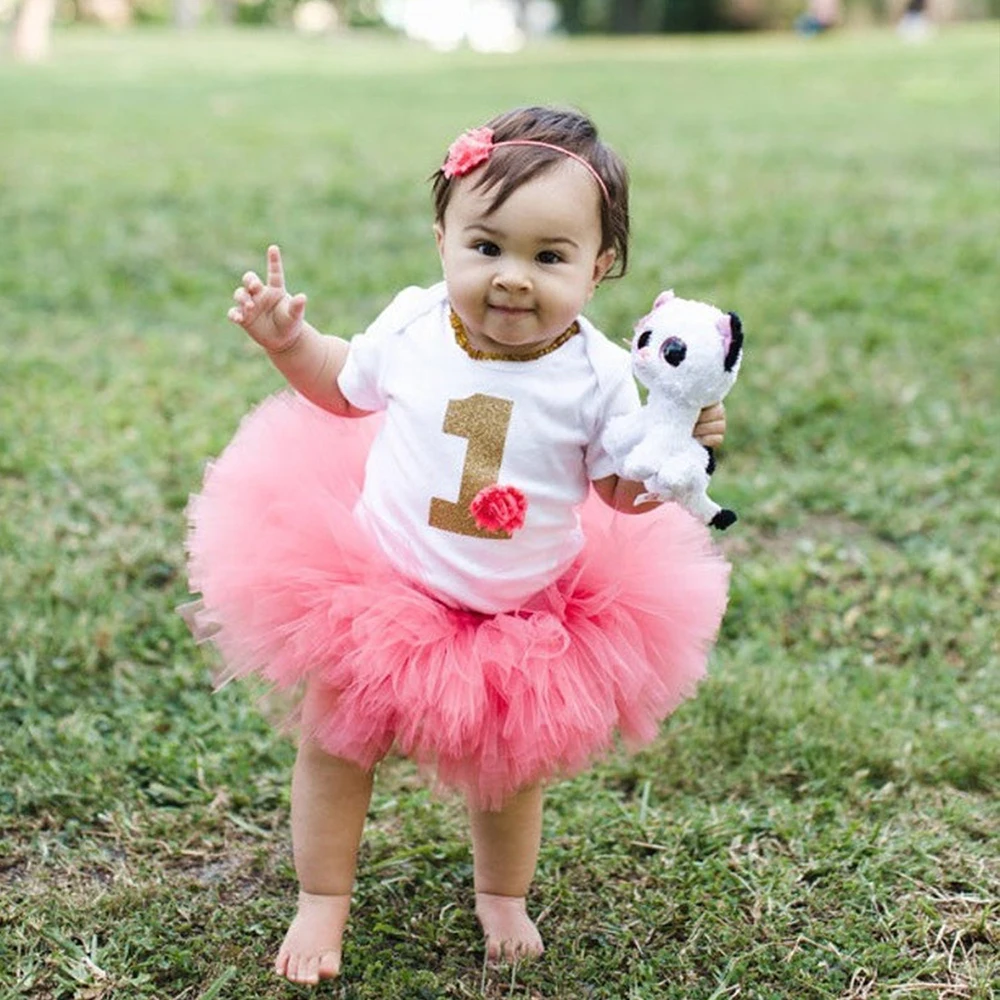 Baby Girl First 1st Birthday Party Dress Cute Christening Outfits One Year Baby Girl Bodysuit and Tutu Dress Newborn Set