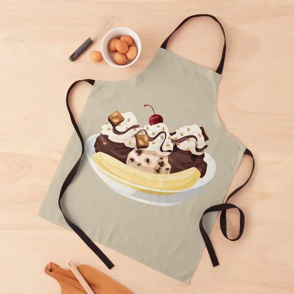 

Bowl of Chocolate Brownie Banana Split Ice Cream Apron Women's Kitchen for women with pocket Woman Kitchens painting Apron