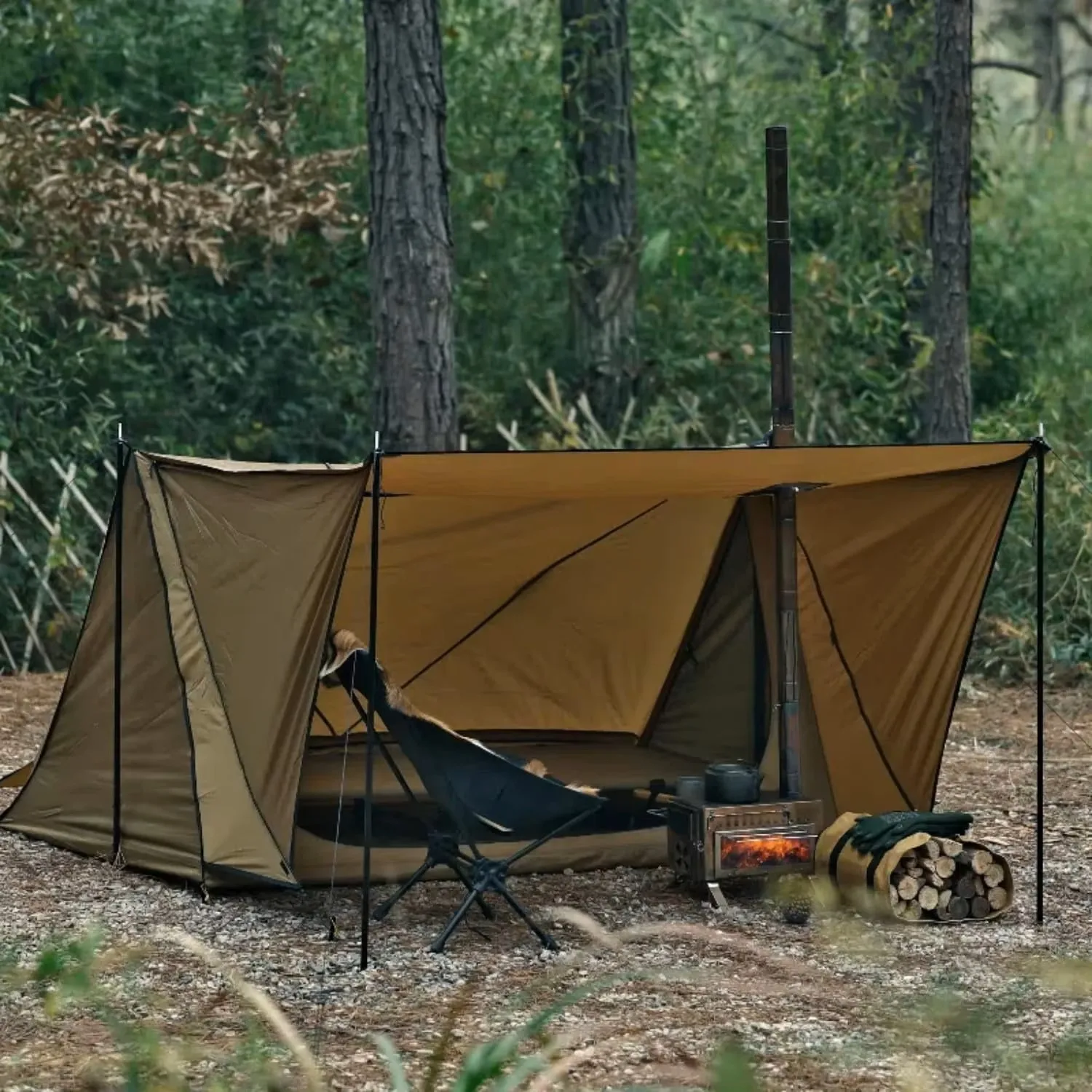 Hot Tent with Stove Jack 1-3 People Waterproof Sunproof Fire-Retardant Bushcraft Shelter with Vestibule Outdoor Camping Tent