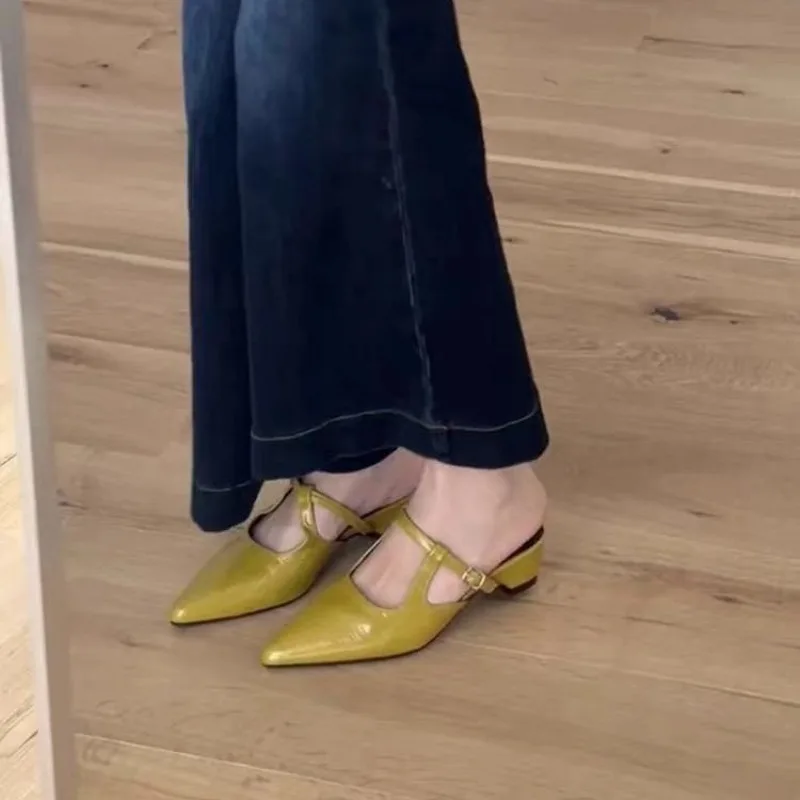 French Block Heel Pointed Toe Mary Zhen Cool Drag 2026 Spring and Summer New Design Sense Niche Baotou Half Slippers Women